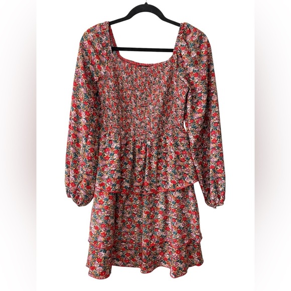 BTFBM Dresses & Skirts - Red Floral Tiered Dress Long Sleeve Smocked Top Small